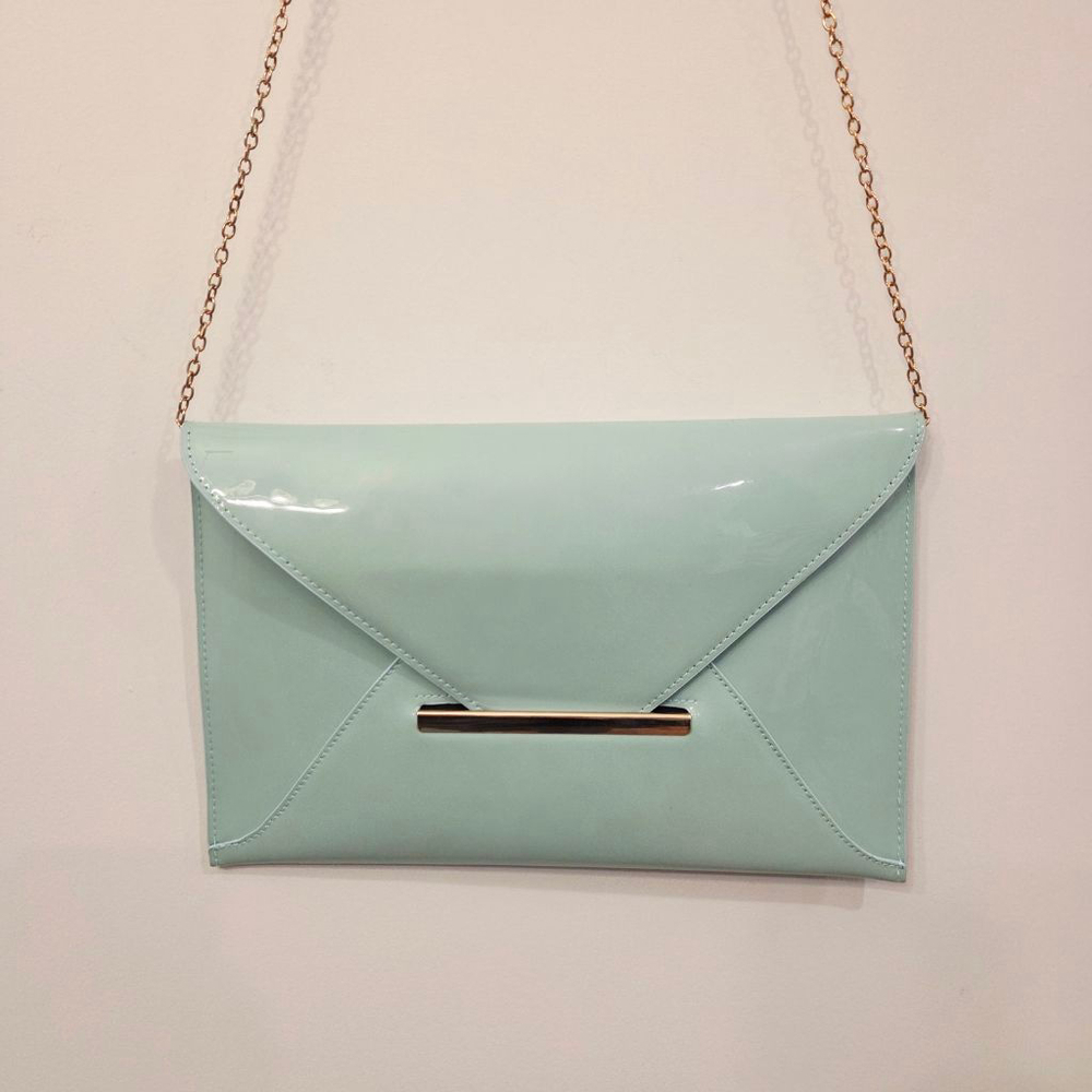 JNB Faux Leather Mint Blue Envelope Clutch Purse with gold-toned chain 12"×8"